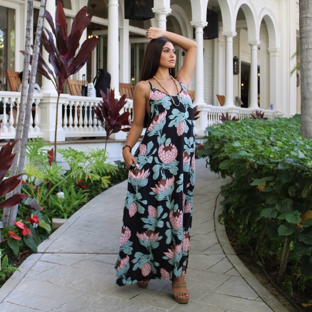Floral Black Maxi Dress with Pink & Teal Blooms